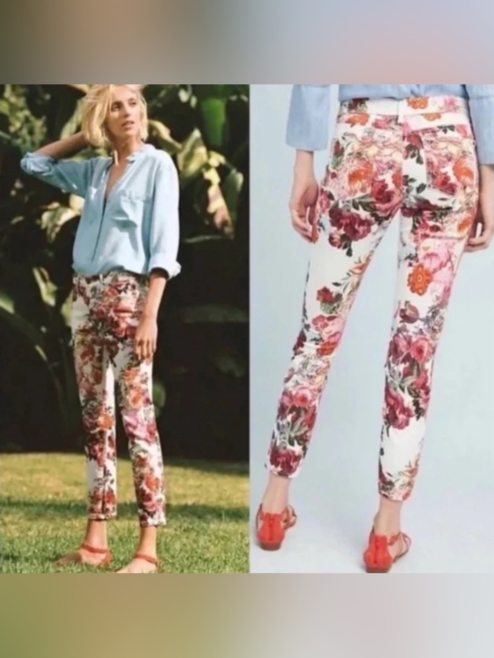 Pilcro Anthropologie White Floral Mid-Rise BOHO Rose Slim Ankle Jeans 25